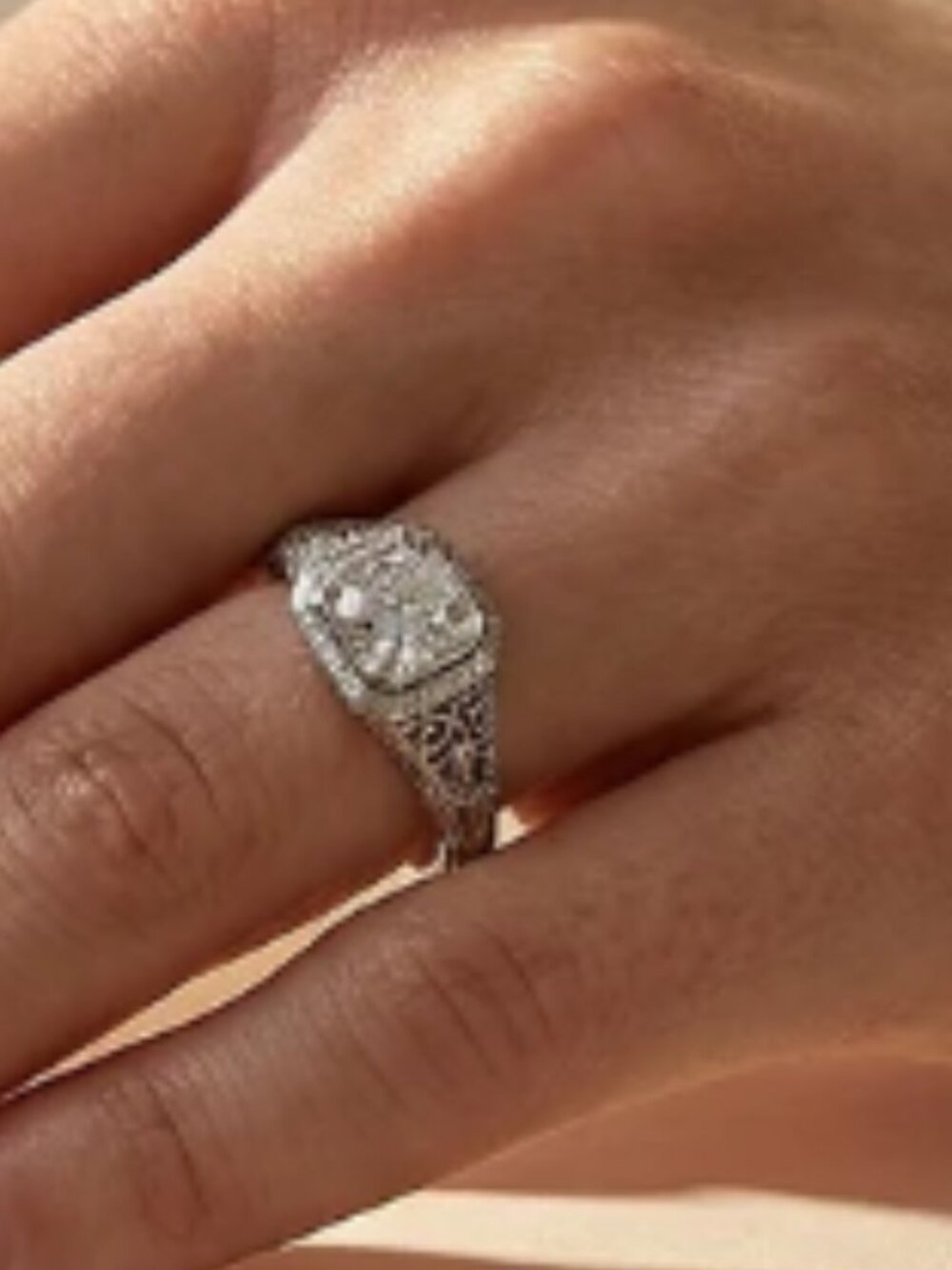 AN OFFER OF $1600 WINS TH1S BEAUTY--14K Art Deco White Gold Diamond Wedding Ring